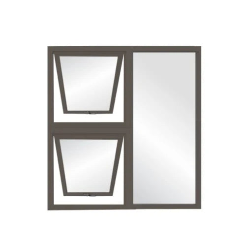 Window with a brown frame on a white background