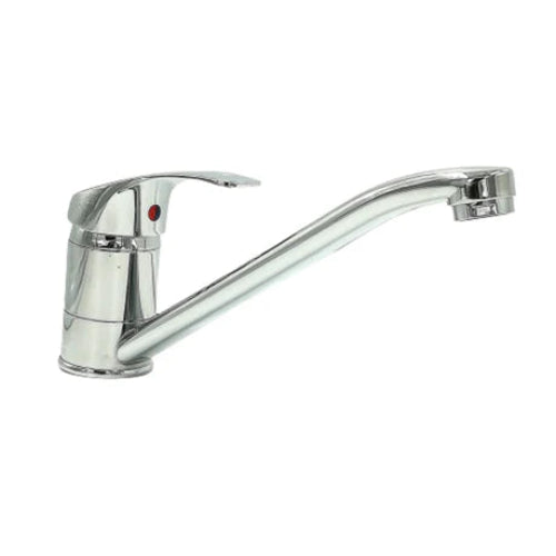 Chrome kitchen faucet on a white background