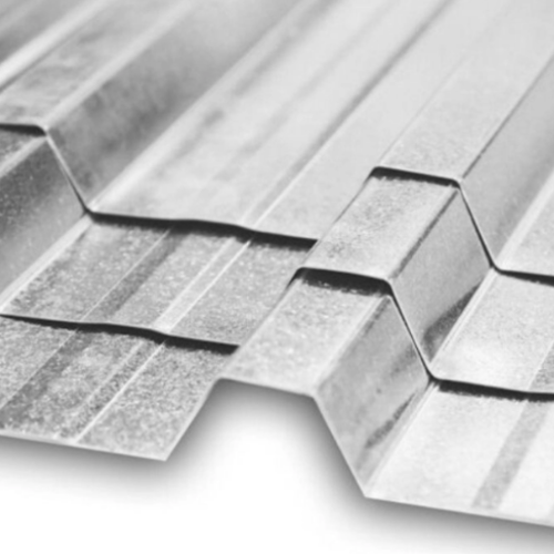 Metal roof panels with a ribbed surface on a white background