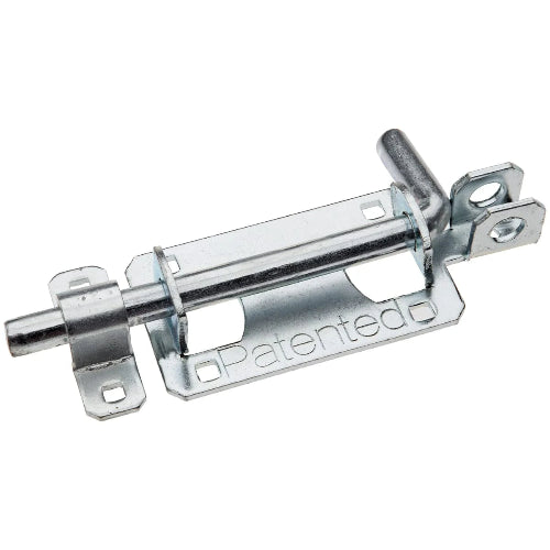 Metallic door latch with 'Patented' branding on a white background