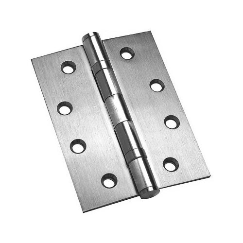 Metallic door hinge on a white background