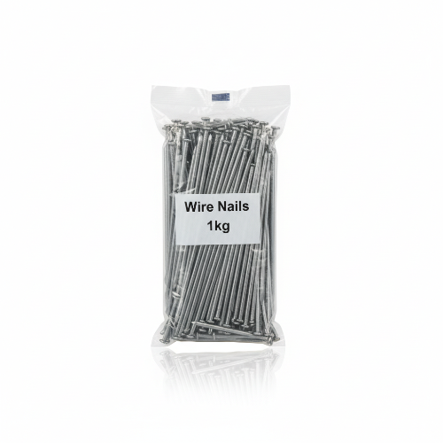 Bag of wire nails labeled 'Wire Nails 1kg' on a white background