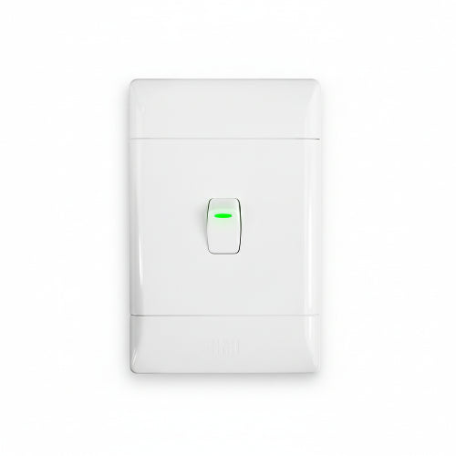 White light switch panel with a single green indicator light on a white background