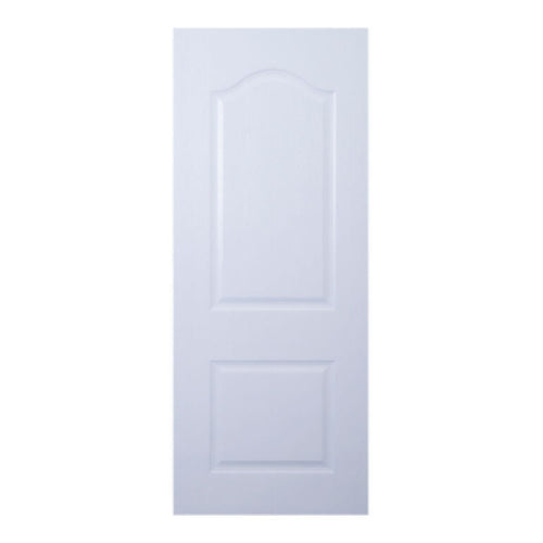 White door with decorative arch and panel design on a white background